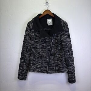 Bench Woman's Jacket Size L Black White Tweed Asymmetric Zip Knit Moto Sweater